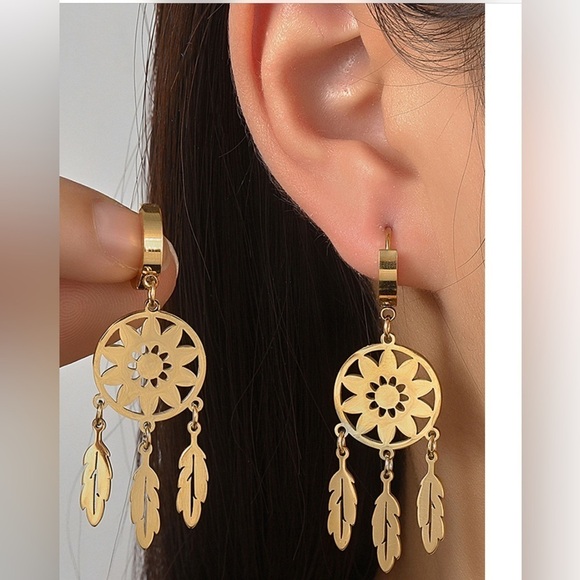 New Gold Dream Catcher Feather Frnged Alloy Dangle Earring 0S - Picture 2 of 4